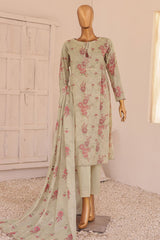 HZ Threads Unstitched 3 Piece Digital Printed Emb Lawn Suit-TEC-936