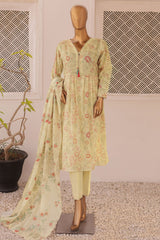 HZ Threads Unstitched 3 Piece Digital Printed Emb Lawn Suit-TEC-935