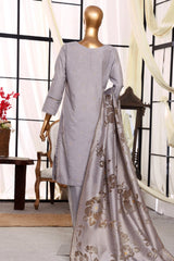 Damask By HZ Stitched 3 Piece Jacquard Lawn Suit-DJL-406-Silver