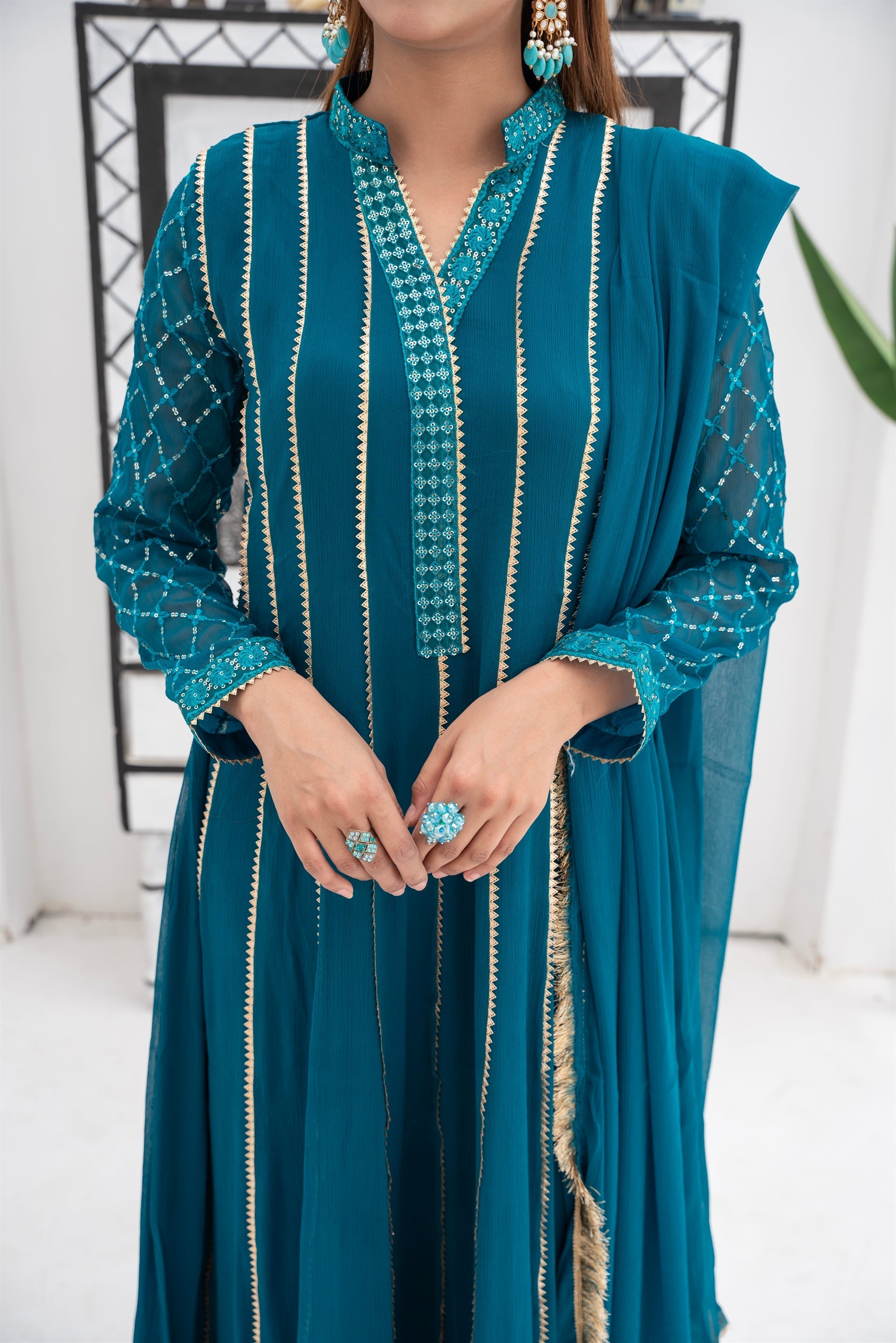 Manahils Stitched Formals Kurti 106-Teal