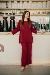 Zouj Stitched Co Ords Spring Solids Suit-Crimson Charm