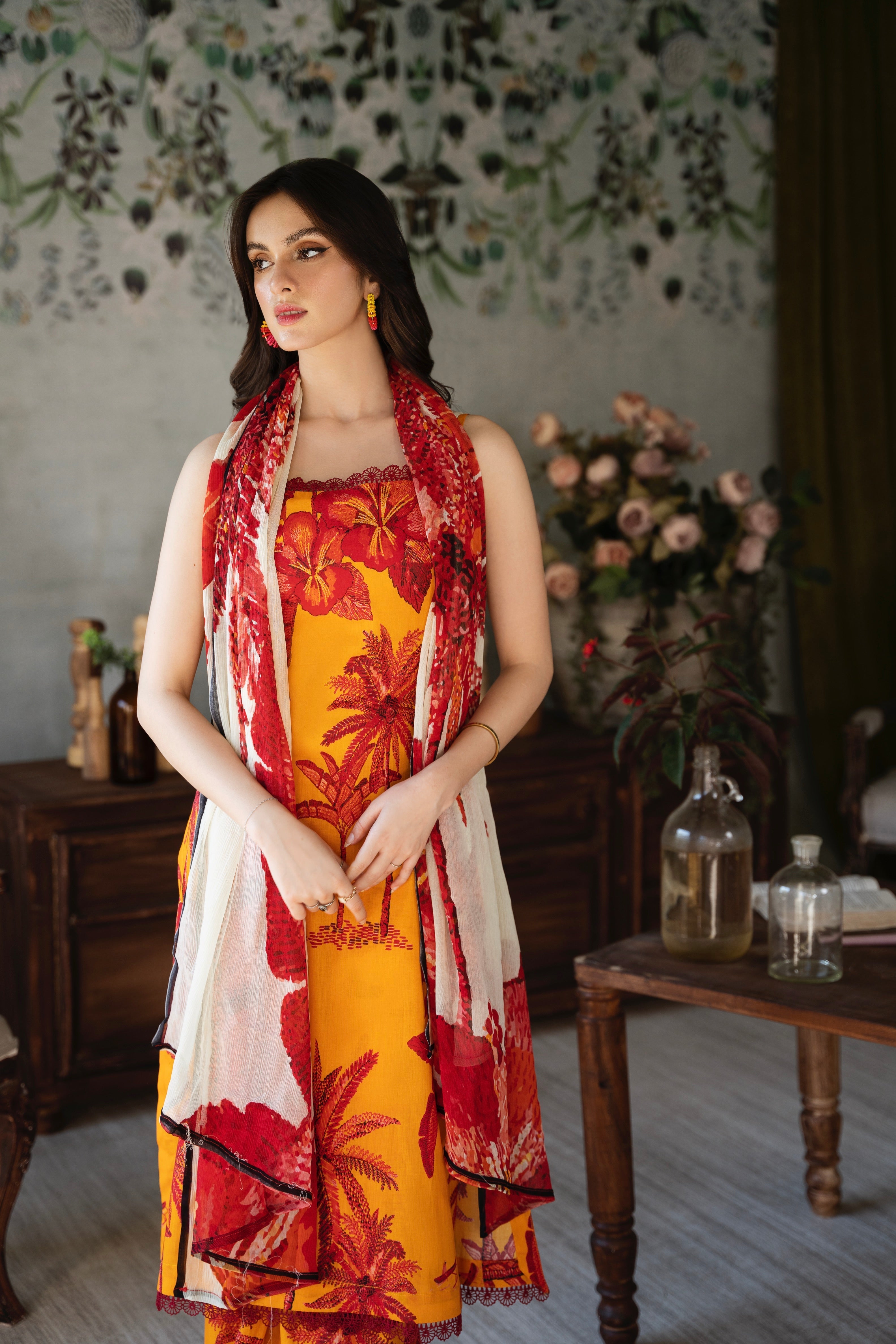 Feathers Unstitched 3 Piece Summer Collection-Ochre-FT387