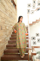 Preet Print Edit By Suitsu Stitched Summer Suit-Riah Olive Zest