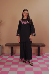 Dhaga Stitched Solid 2 Piece Emb Suit-Black Rose