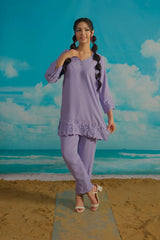 Dhaga Stitched Solid 2 Piece Emb Suit-Lilas