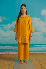Dhaga Stitched Solid 2 Piece Emb Suit-Mango Tango