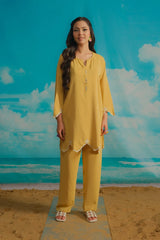 Dhaga Stitched Solid 2 Piece Emb Suit-Butterscotch