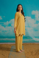 Dhaga Stitched Solid 2 Piece Emb Suit-Butterscotch