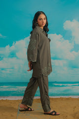Dhaga Stitched Solid 2 Piece Emb Suit-Ash Moon