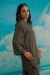 Dhaga Stitched Solid 2 Piece Emb Suit-Ash Moon