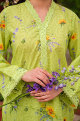 Print Muse By Sahar Stitched Co Ords Cambric Suit-Lime Blossom