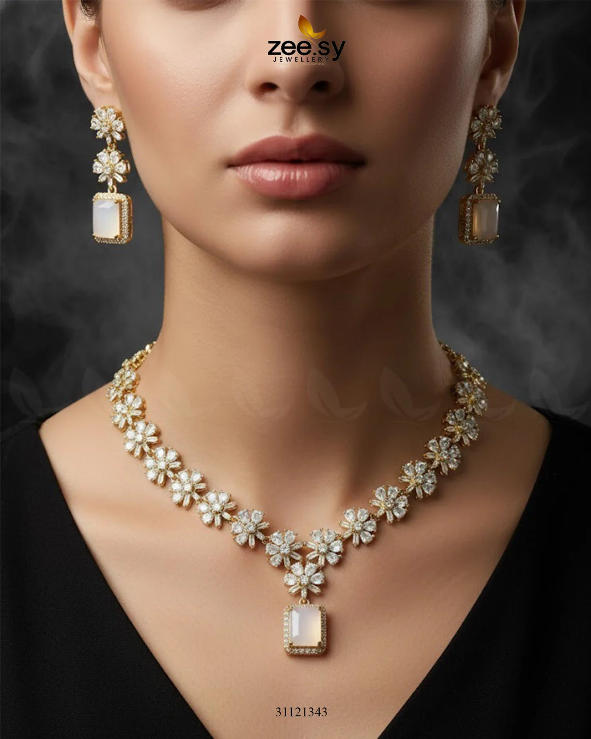 Dainty Crystal Cluster Necklace Set Golden Mint Pink - Zeesy Jewellery