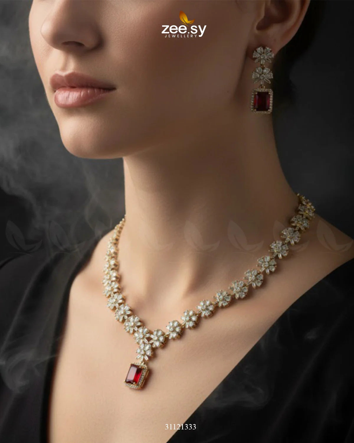 Dainty Crystal Cluster Necklace Set Golden Red - Zeesy Jewellery