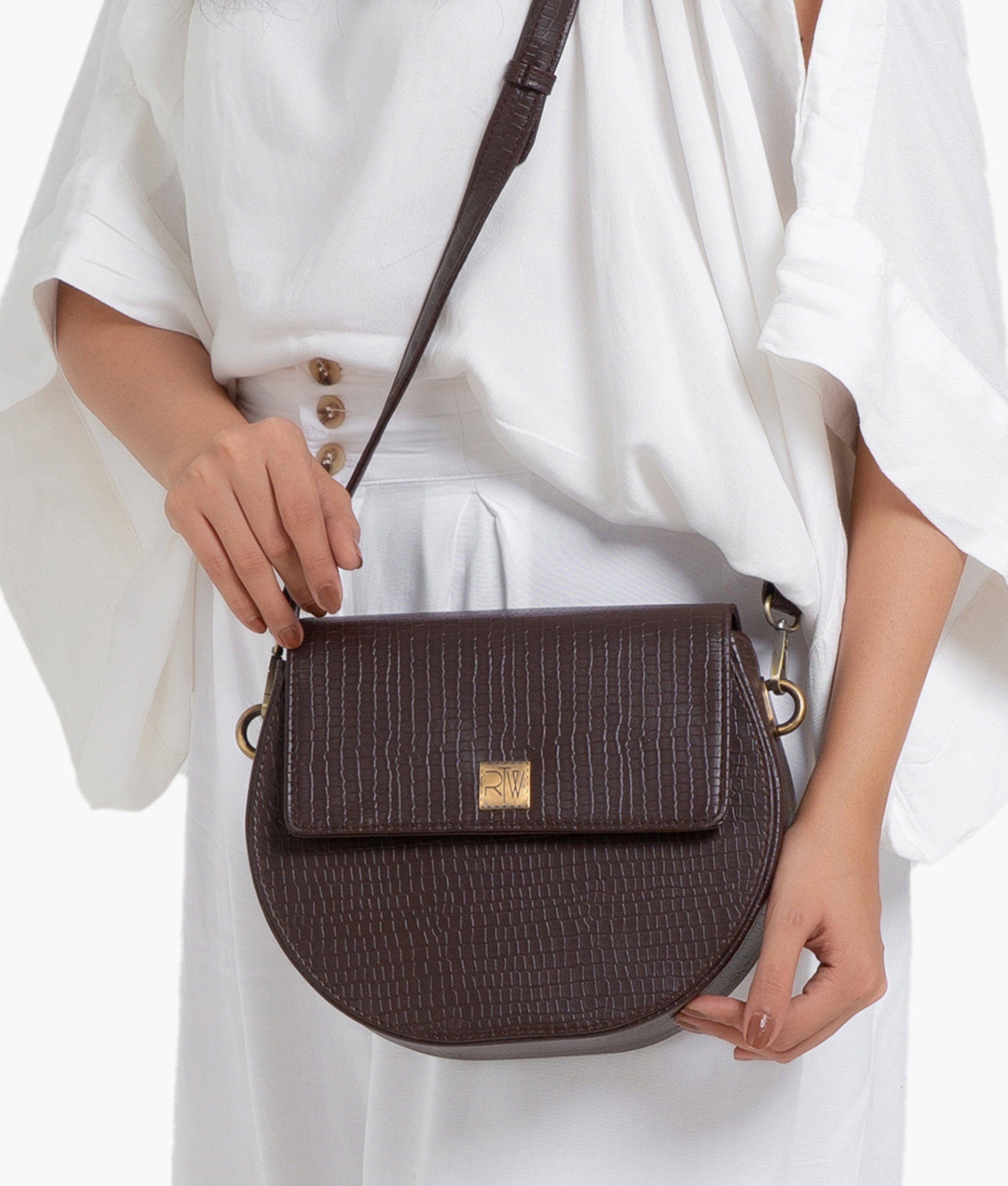 RTW Creation - Dark brown crocodile saddle bag