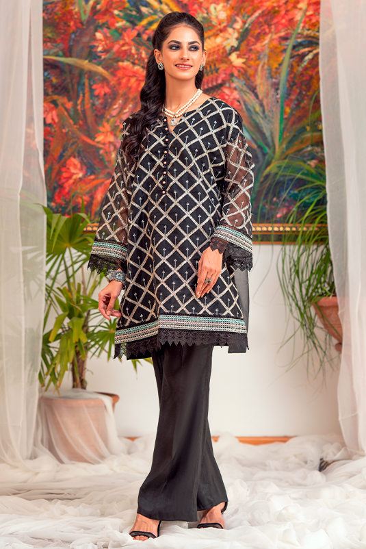 Zaaviay Stitched Organza Collection ebony (Two Piece)