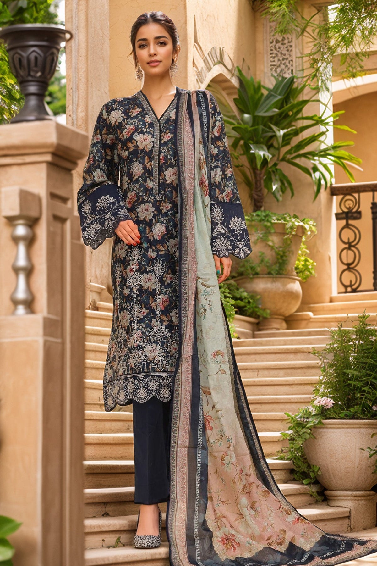 Eid Ke Rang By Bin Saeed Stitched 3 Piece Chikankari Lawn Collection'2025-SM-1781-Blue