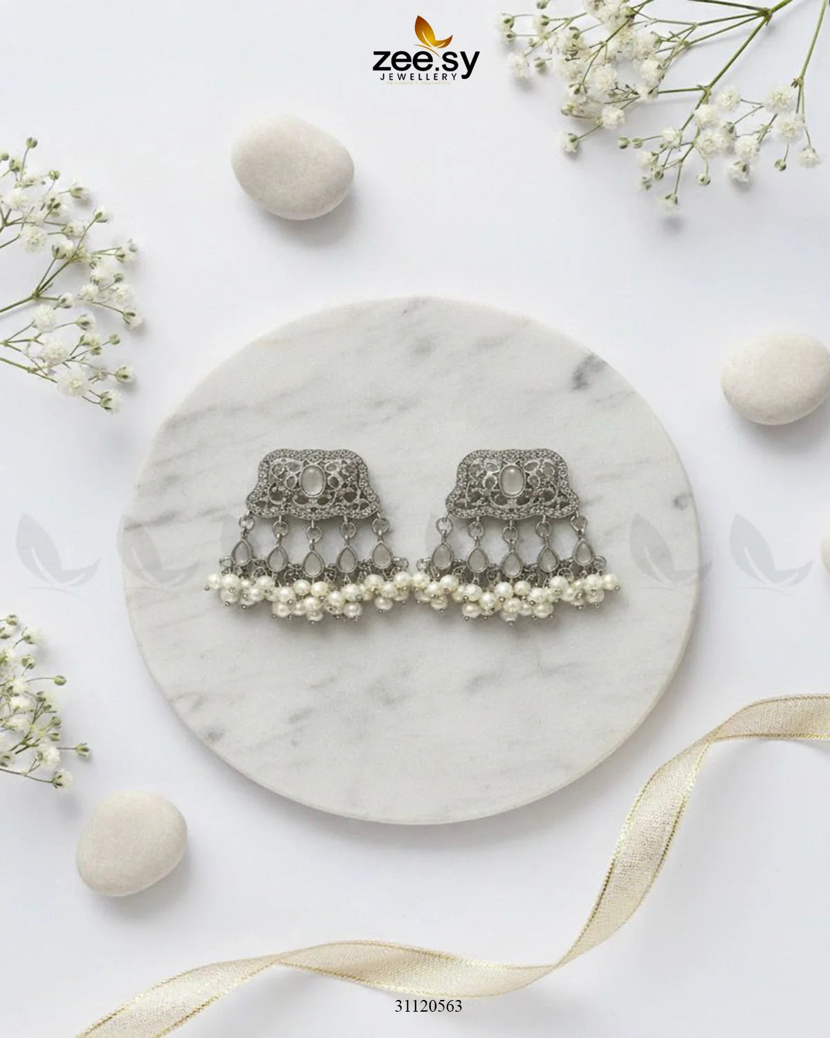 Elegant Tassel Moti Work Earrings Silver White - Zeesy Jewellery