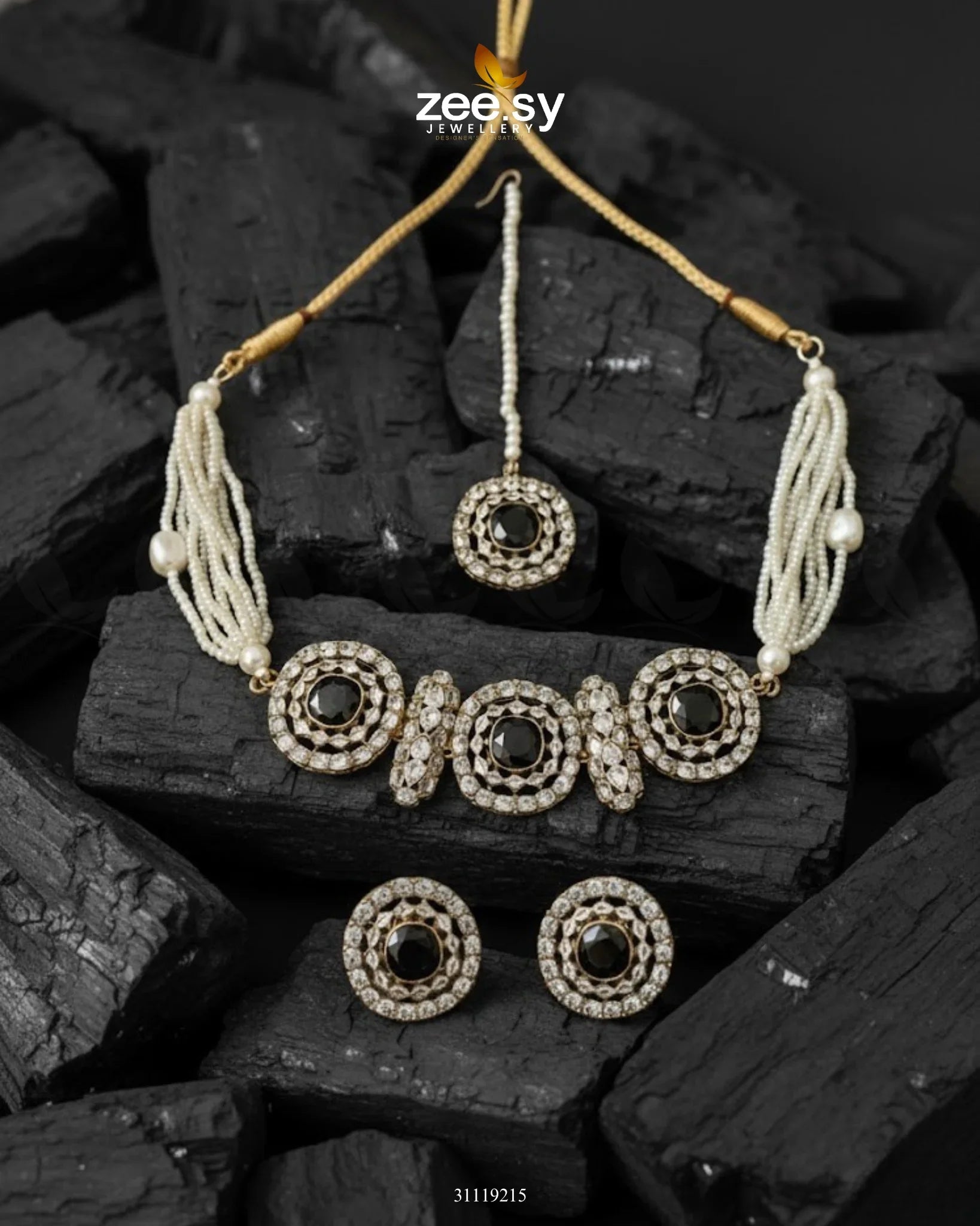 Equinox Stone Pearl Choker Set Golden Black - Zeesy Jewellery