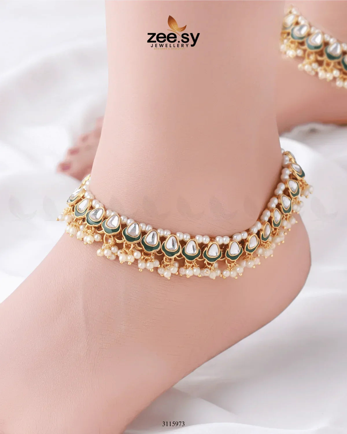 Evia Anklet Golden Green & White - Zeesy Jewellery