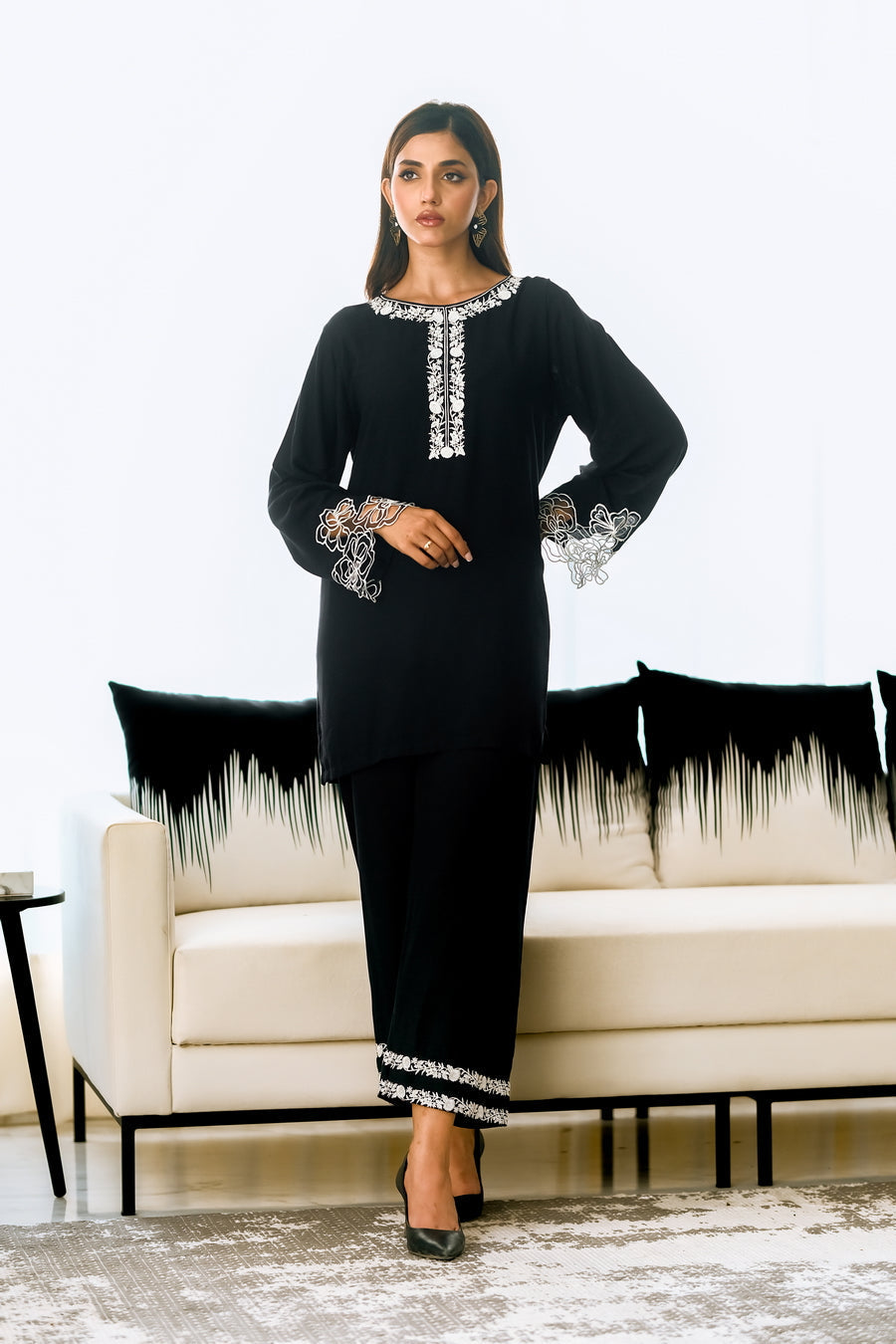 Sprinkles Stitched 2 Piece Summer Co Ord Sets Women Collection'2025-Noir Elegance - 2pcs - Embroidered