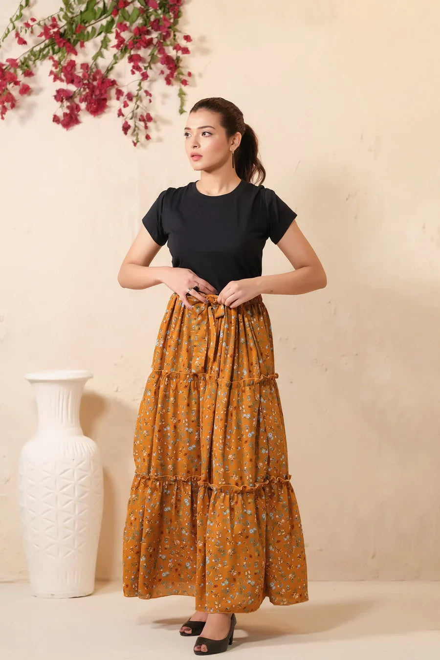 Sprinkles Stitched 1 Piece Summer Bottoms Kids Collection'2025-Mustard Bloom Allover Floral Print Skirt