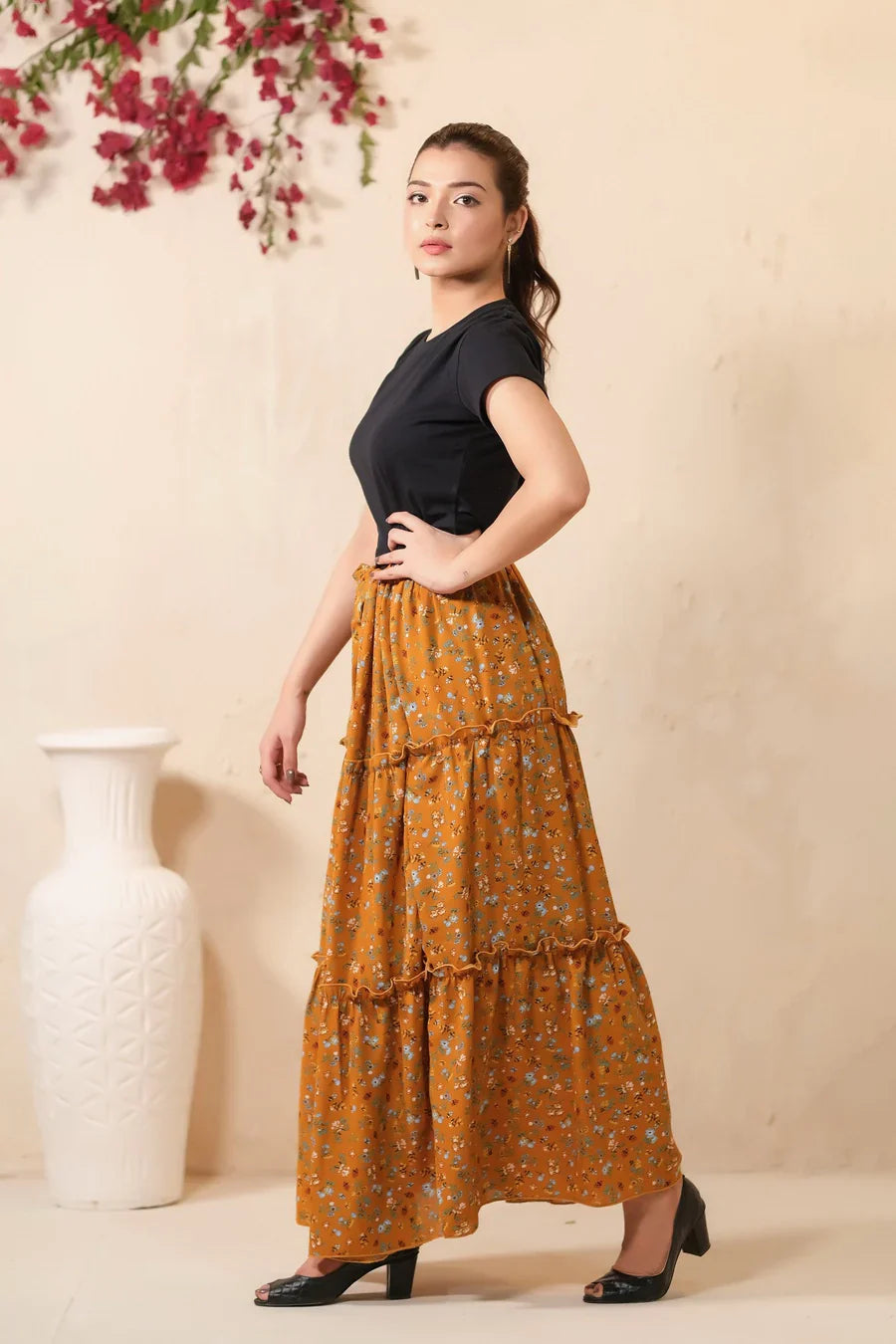 Sprinkles Stitched 1 Piece Summer Bottoms Kids Collection'2025-Mustard Bloom Allover Floral Print Skirt