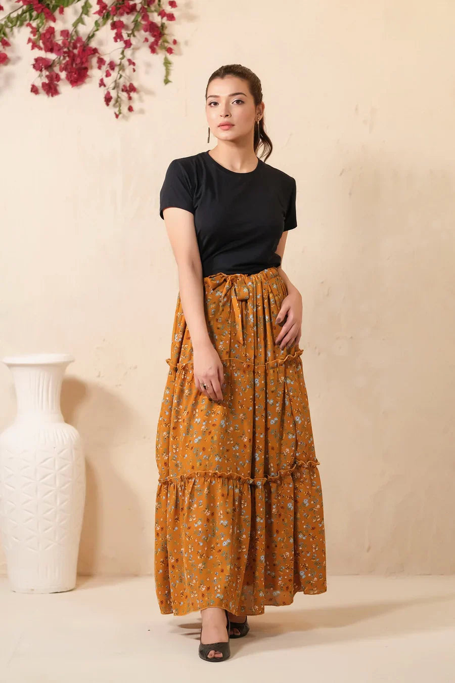 Sprinkles Stitched 1 Piece Summer Bottoms Kids Collection'2025-Mustard Bloom Allover Floral Print Skirt