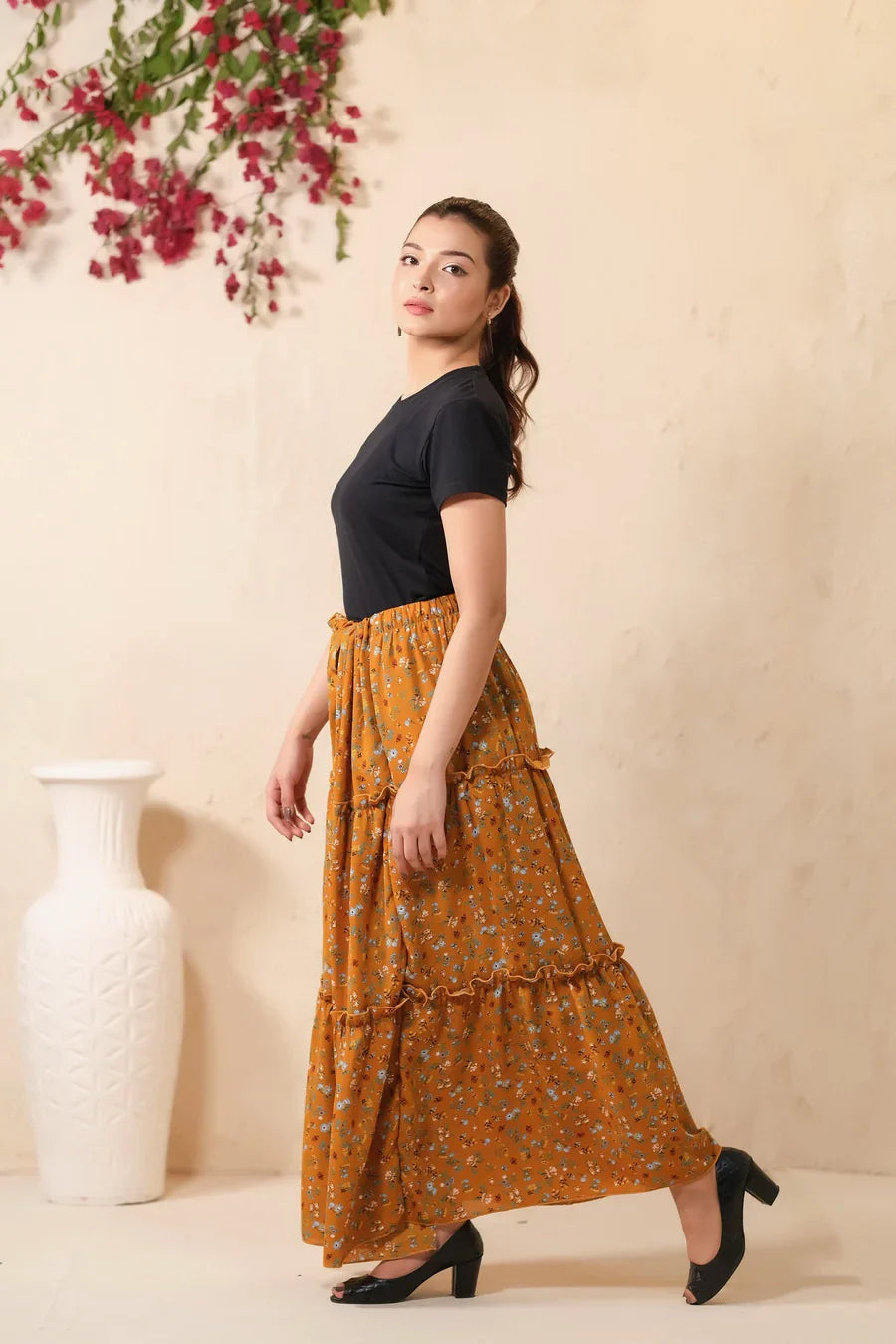 Sprinkles Stitched 1 Piece Summer Bottoms Kids Collection'2025-Mustard Bloom Allover Floral Print Skirt