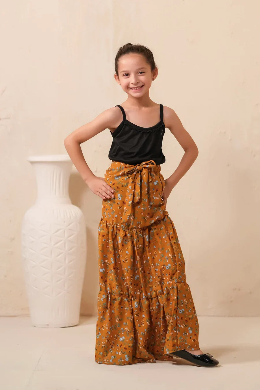 Sprinkles Stitched 1 Piece Summer Bottoms Kids Collection'2025-Mustard Bloom Allover Floral Print Skirt