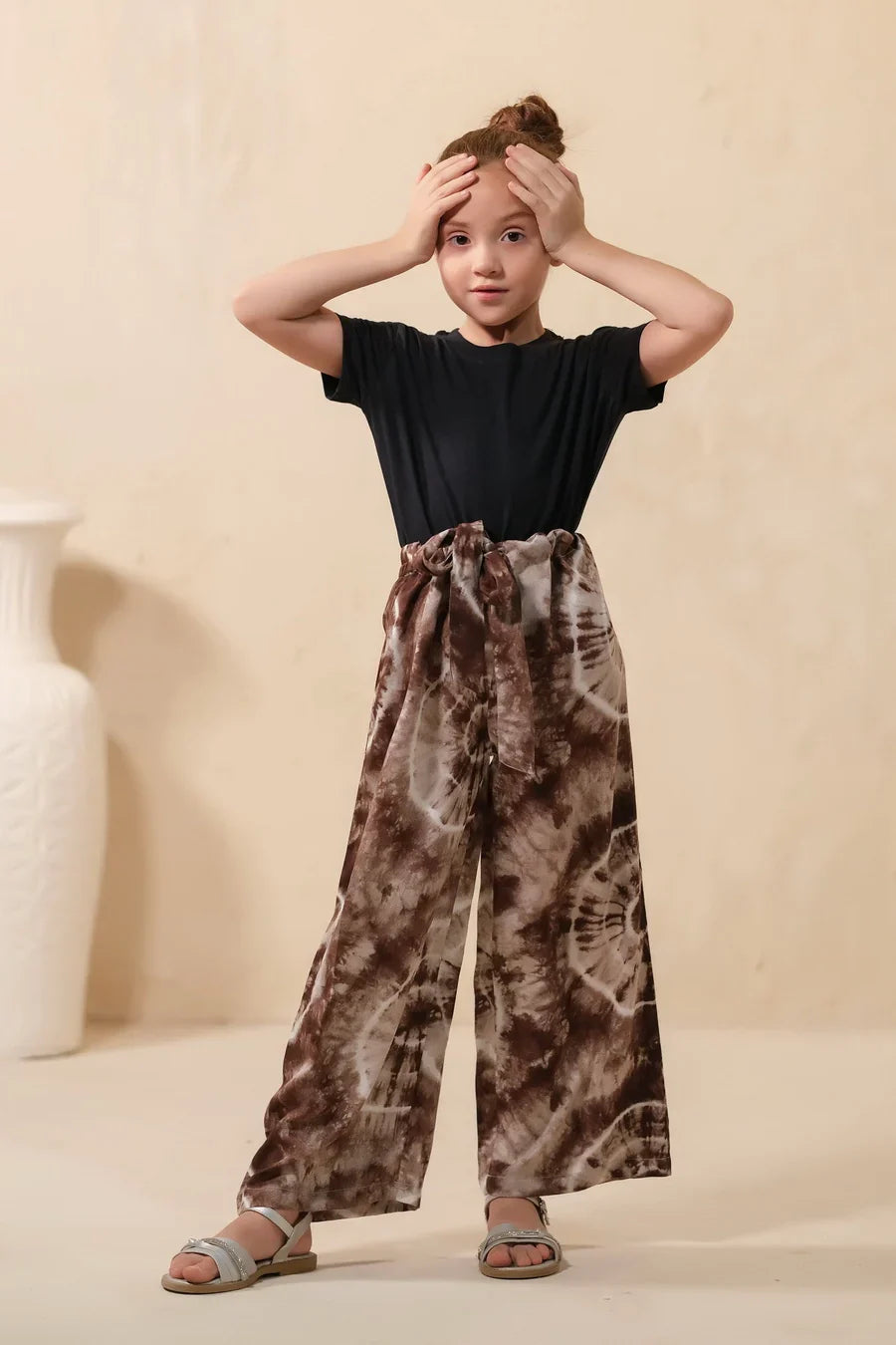 Sprinkles Stitched 1 Piece Summer Bottoms Kids Collection'2025-Tie Dye Slash Brown Flare Wide Leg Trouser