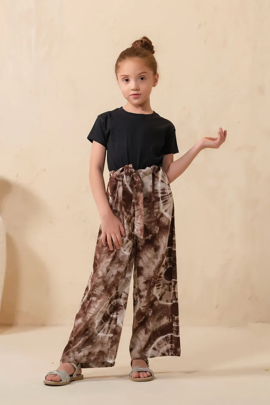 Sprinkles Stitched 1 Piece Summer Bottoms Kids Collection'2025-Tie Dye Slash Brown Flare Wide Leg Trouser