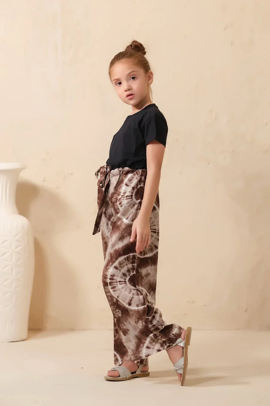 Sprinkles Stitched 1 Piece Summer Bottoms Kids Collection'2025-Tie Dye Slash Brown Flare Wide Leg Trouser