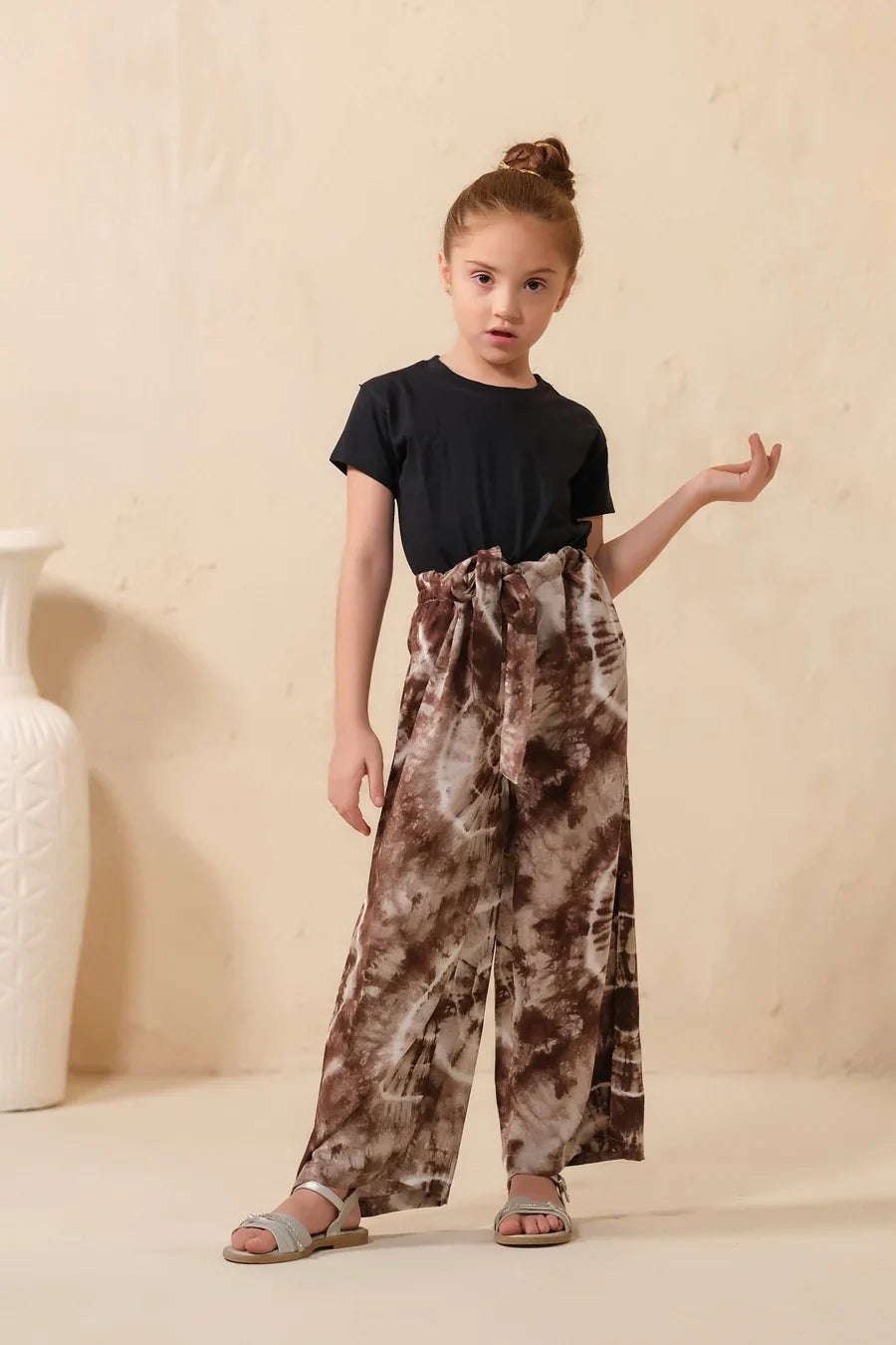 Sprinkles Stitched 1 Piece Summer Bottoms Kids Collection'2025-Tie Dye Slash Brown Flare Wide Leg Trouser