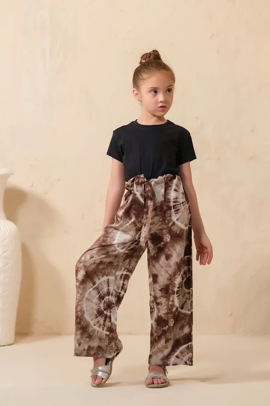 Sprinkles Stitched 1 Piece Summer Bottoms Kids Collection'2025-Tie Dye Slash Brown Flare Wide Leg Trouser