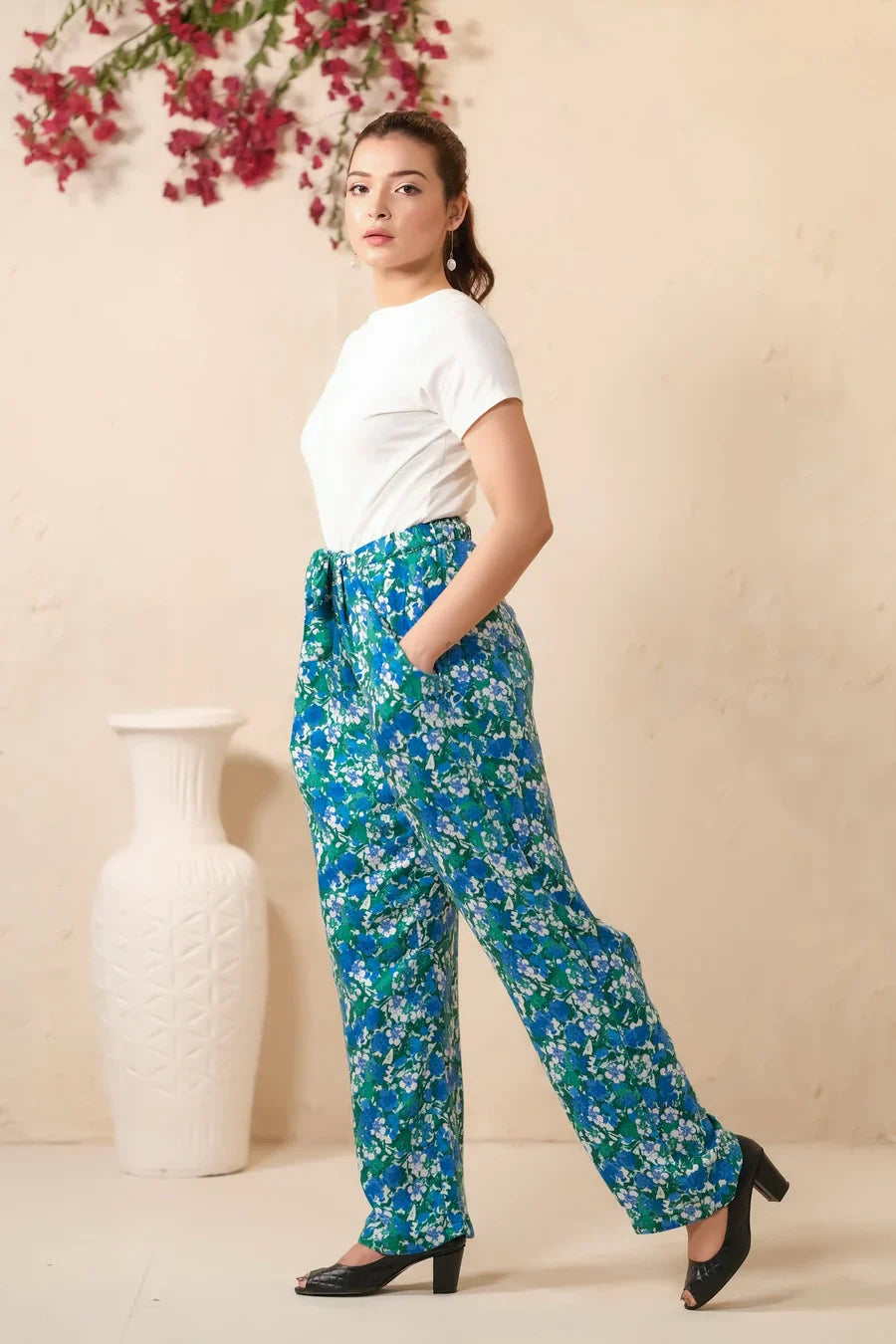 Sprinkles Stitched 1 Piece Summer Bottoms Kids Collection'2025-Green Floral Print Wide Leg Trousers