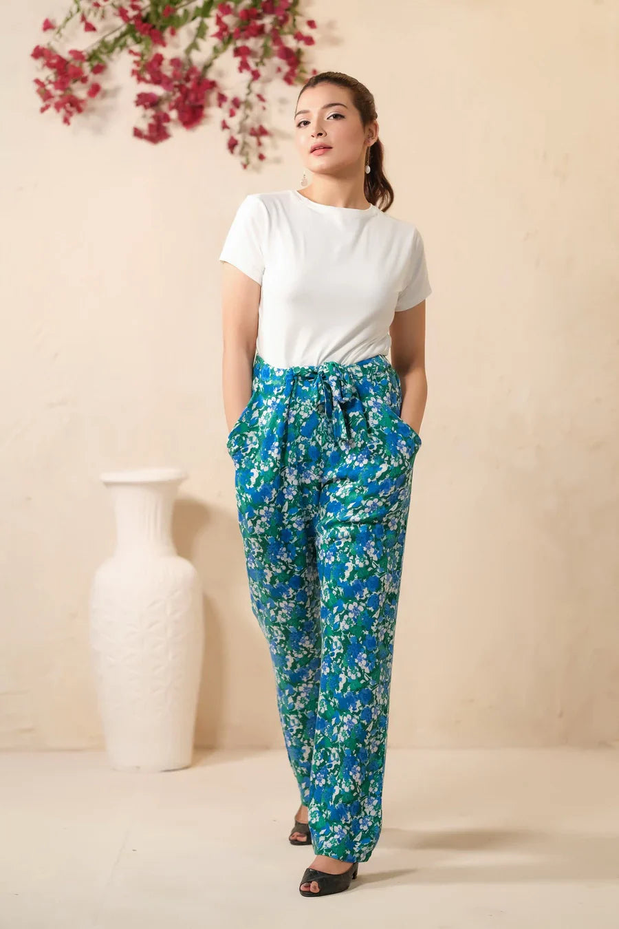 Sprinkles Stitched 1 Piece Summer Bottoms Kids Collection'2025-Green Floral Print Wide Leg Trousers