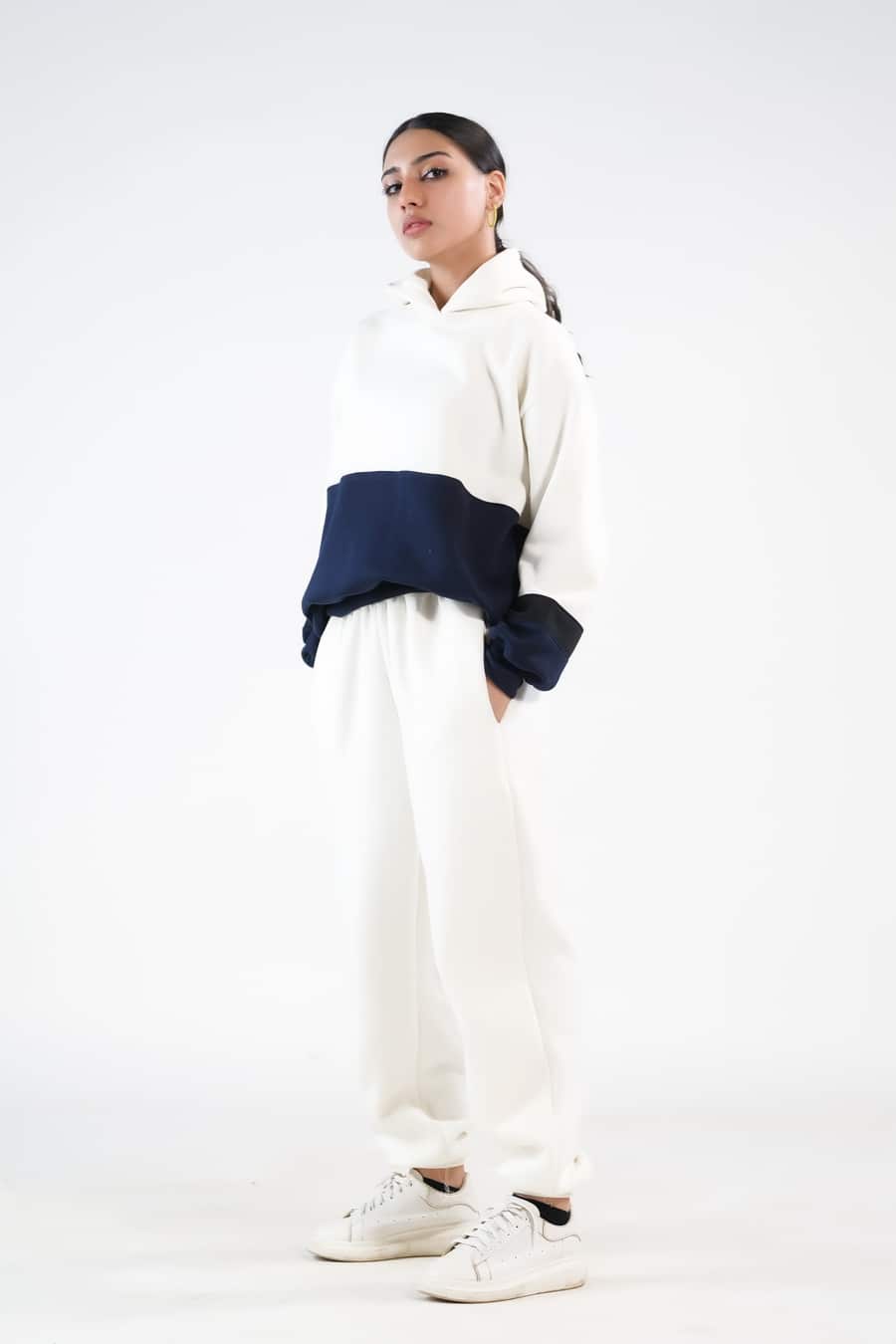 Sprinkles Stitched 2 Piece Winter Co Ord Sets Women Collection'2025-Stripy Ecru/Navy Blue - 2pcs Co-Ord Set