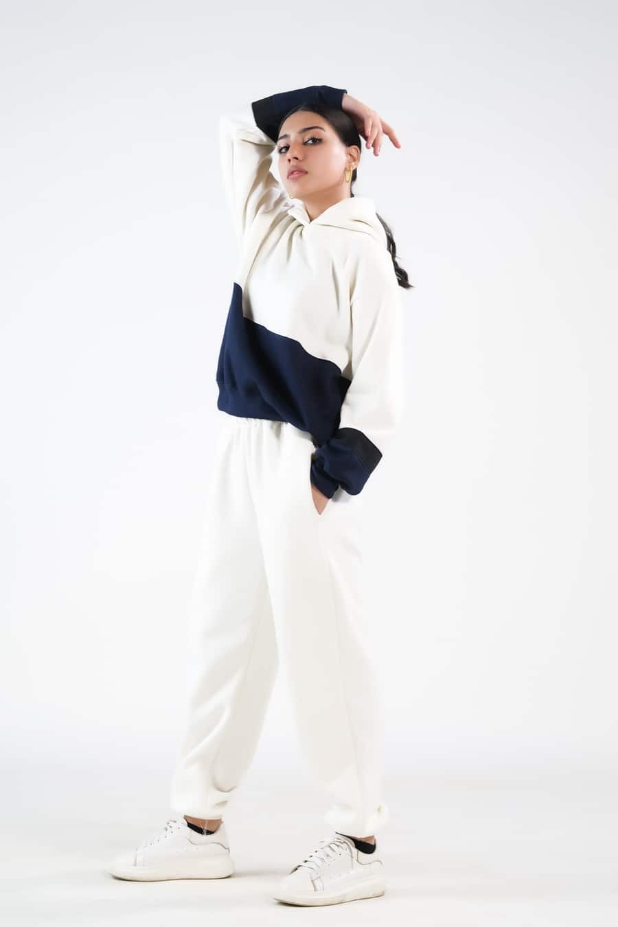 Sprinkles Stitched 2 Piece Winter Co Ord Sets Women Collection'2025-Stripy Ecru/Navy Blue - 2pcs Co-Ord Set
