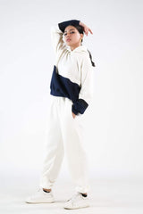 Sprinkles Stitched 2 Piece Winter Co Ord Sets Women Collection'2025-Stripy Ecru/Navy Blue - 2pcs Co-Ord Set