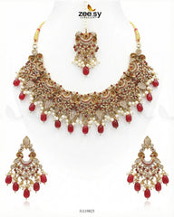Faiqa's Rhodium Polished Bridal Set Red - Zeesy Jewellery