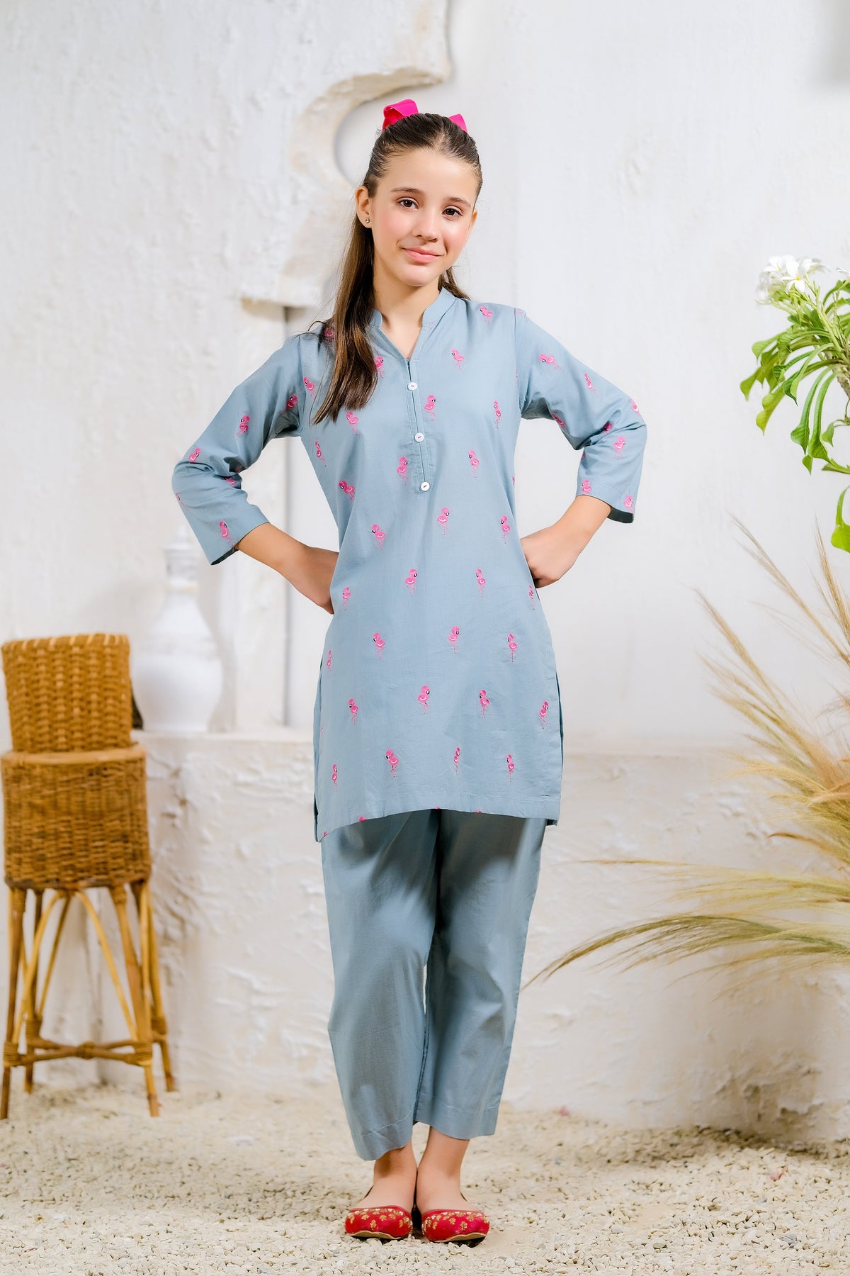 Sprinkles Stitched 2 Piece Summer Co Ord Sets Kids Collection'2025-Flamingo Fun - 2pcs - Embroidered