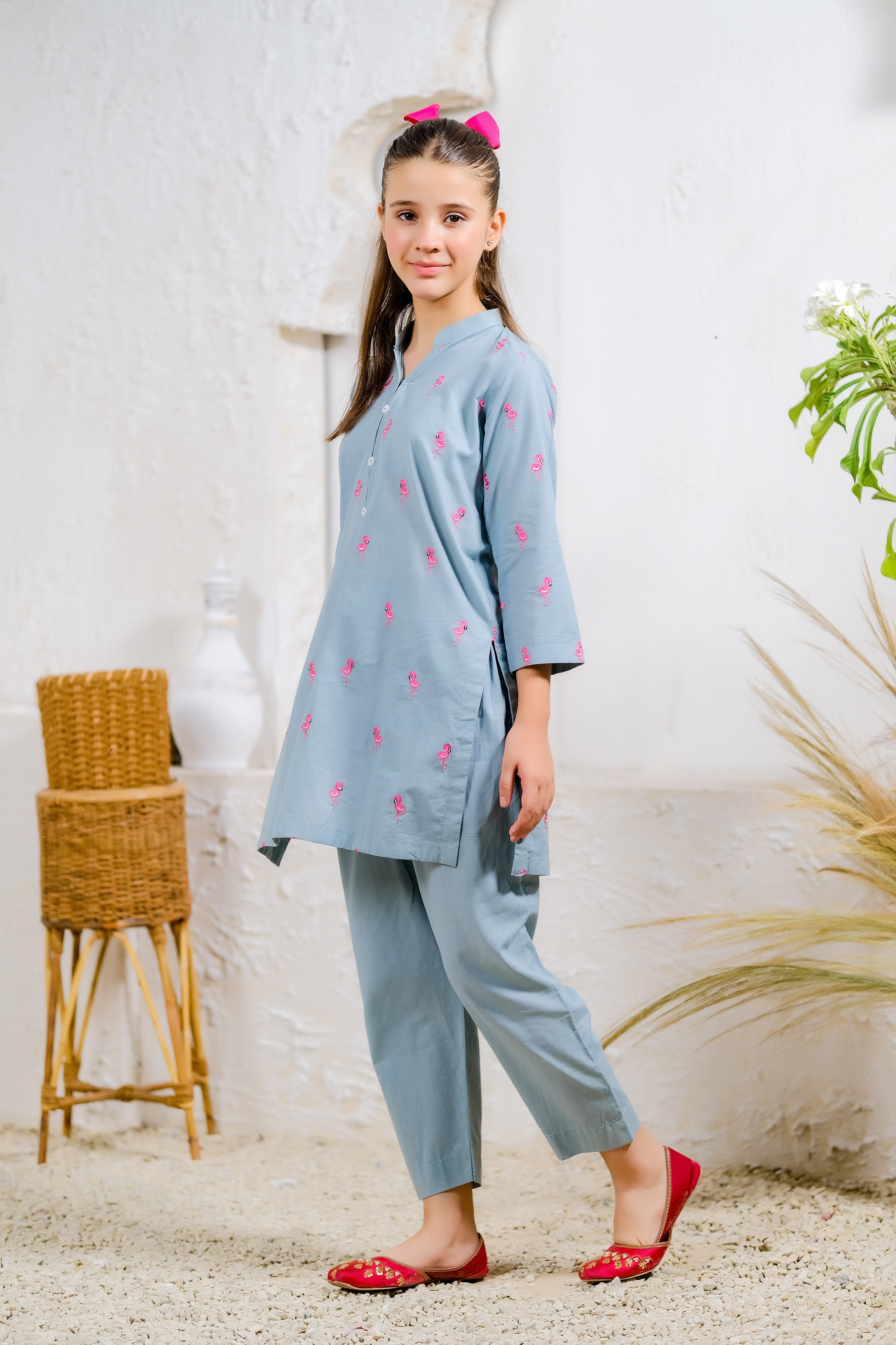 Sprinkles Stitched 2 Piece Summer Co Ord Sets Kids Collection'2025-Flamingo Fun - 2pcs - Embroidered