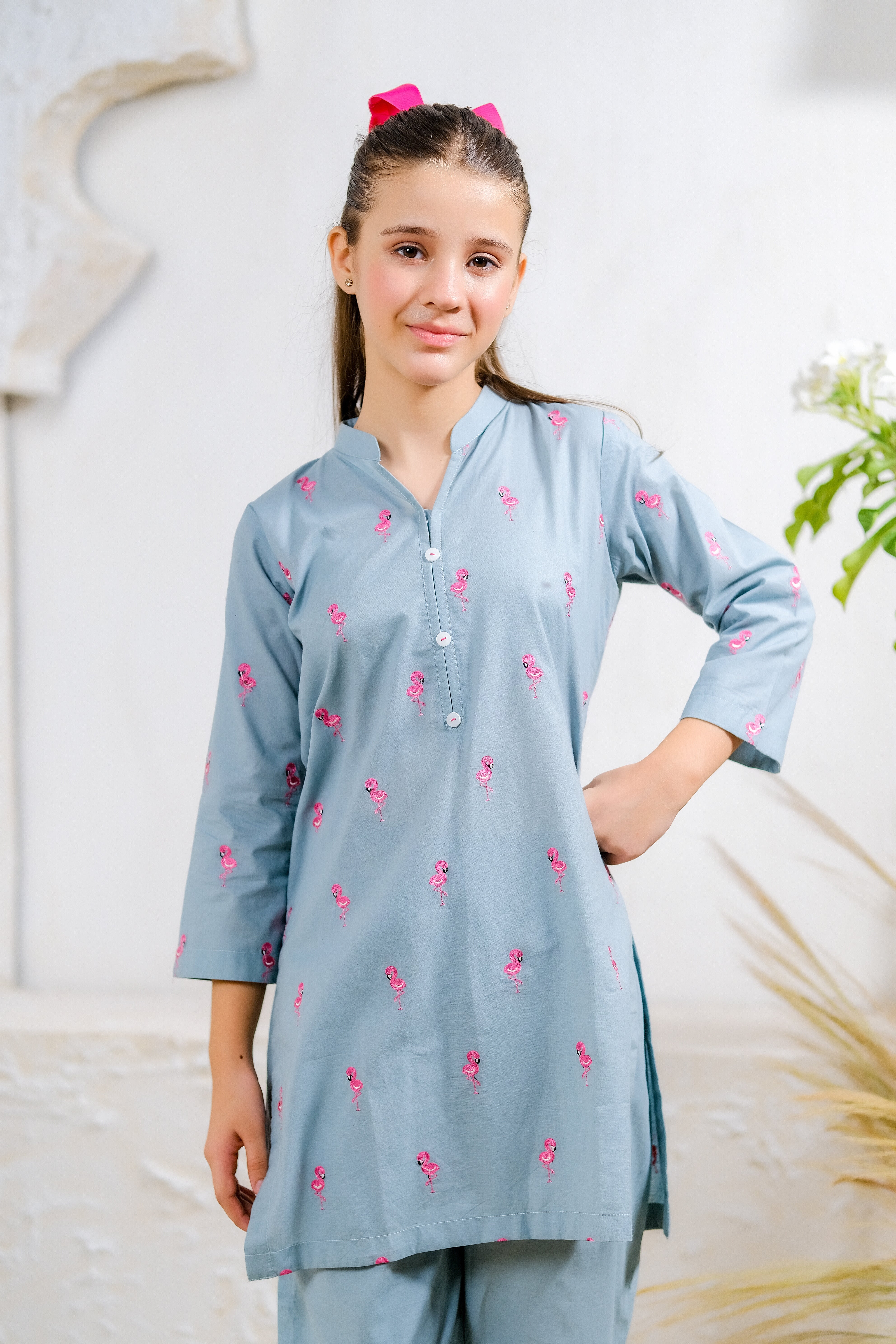 Sprinkles Stitched 2 Piece Summer Co Ord Sets Kids Collection'2025-Flamingo Fun - 2pcs - Embroidered