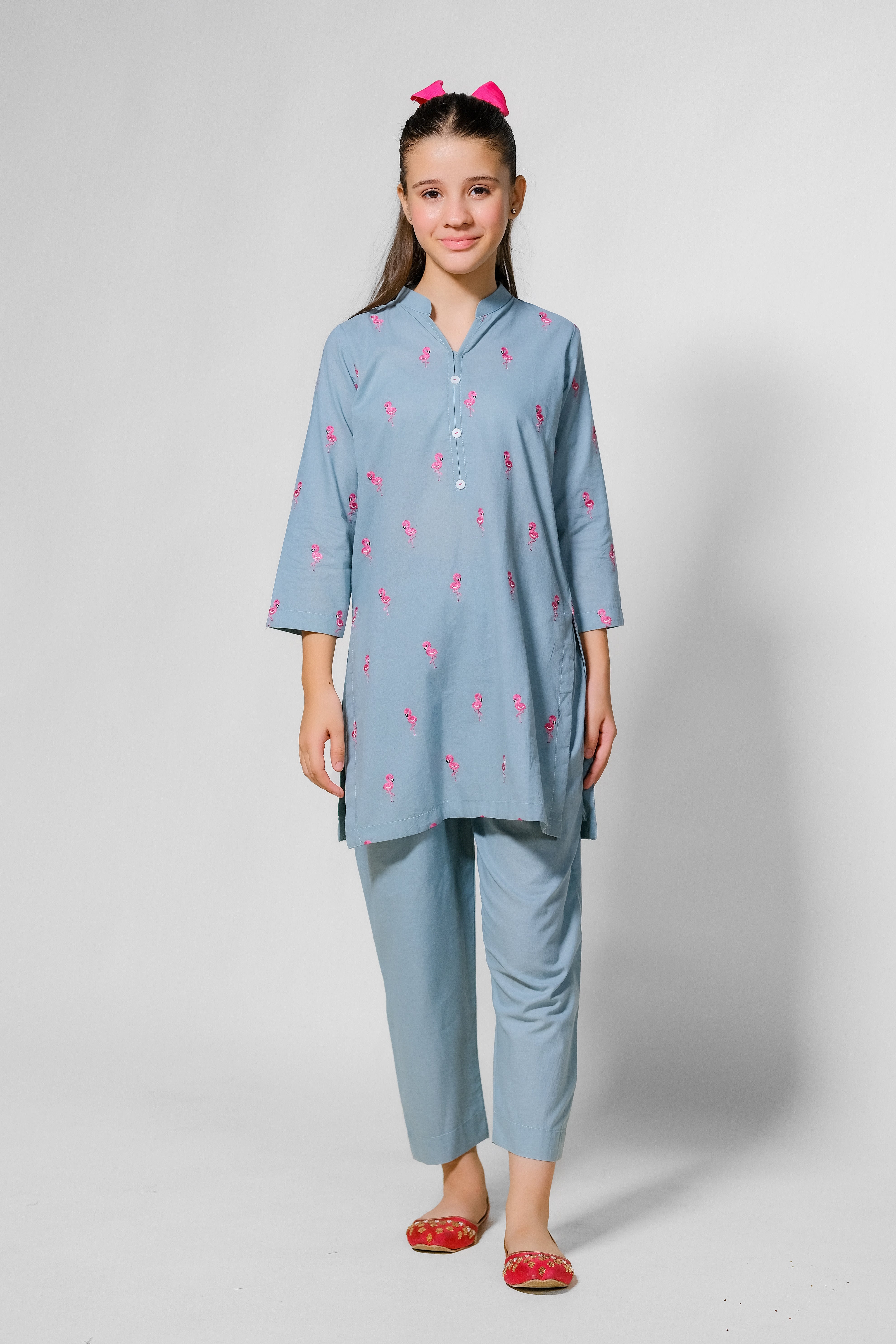 Sprinkles Stitched 2 Piece Summer Co Ord Sets Kids Collection'2025-Flamingo Fun - 2pcs - Embroidered