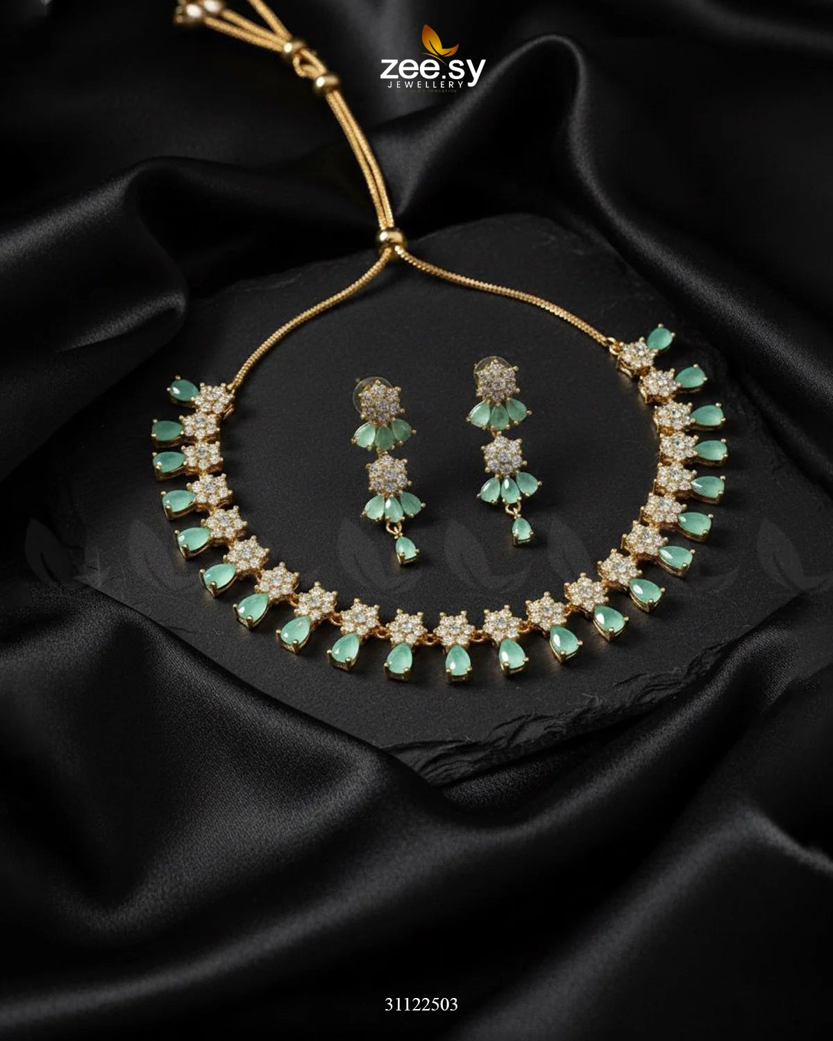 Artisan Sentimental Centerpiece Necklace Set Golden Mint Green - Zeesy Jewellery