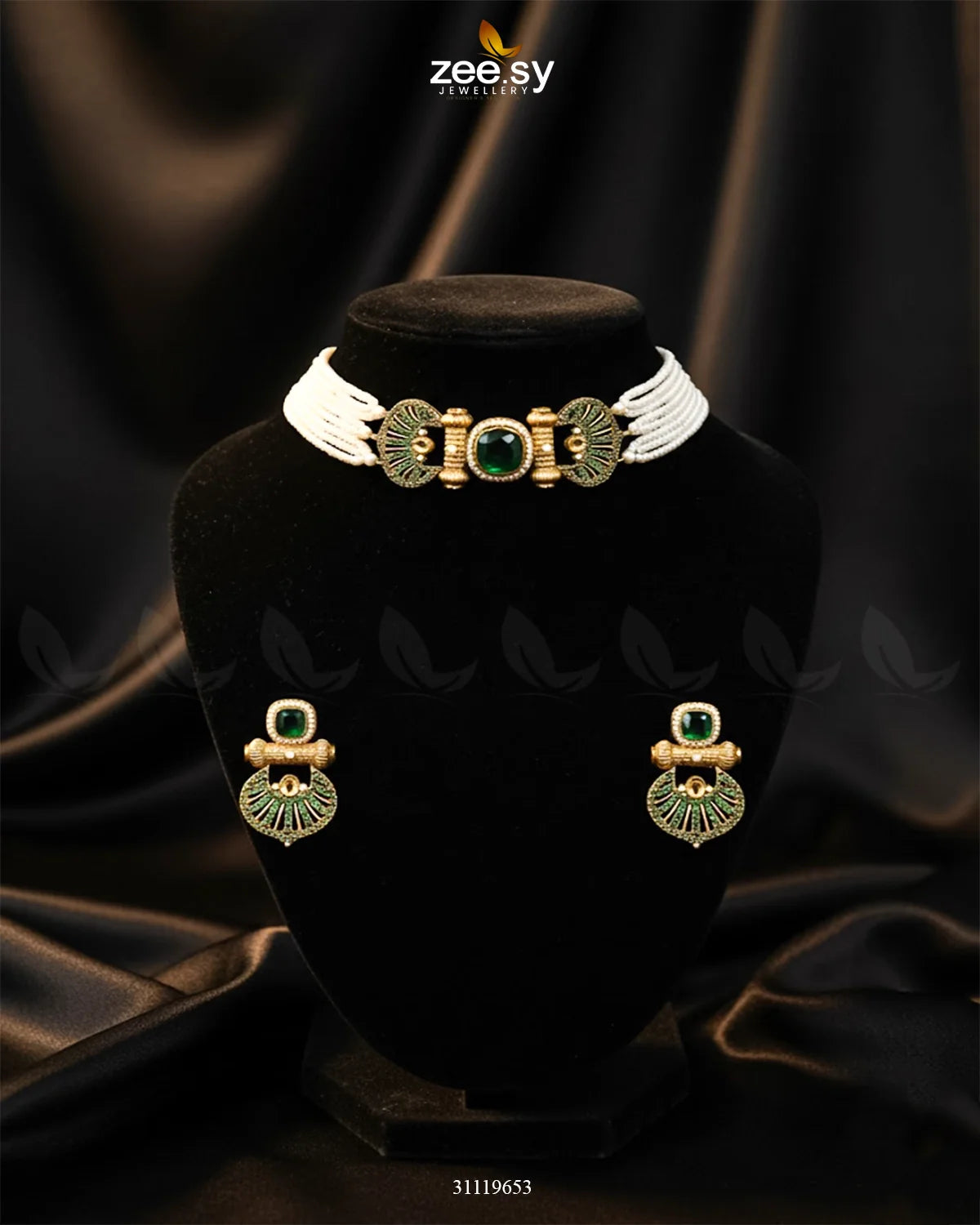 Obelisk Rhodium Polished Choker Set Golden Green - Zeesy Jewellery
