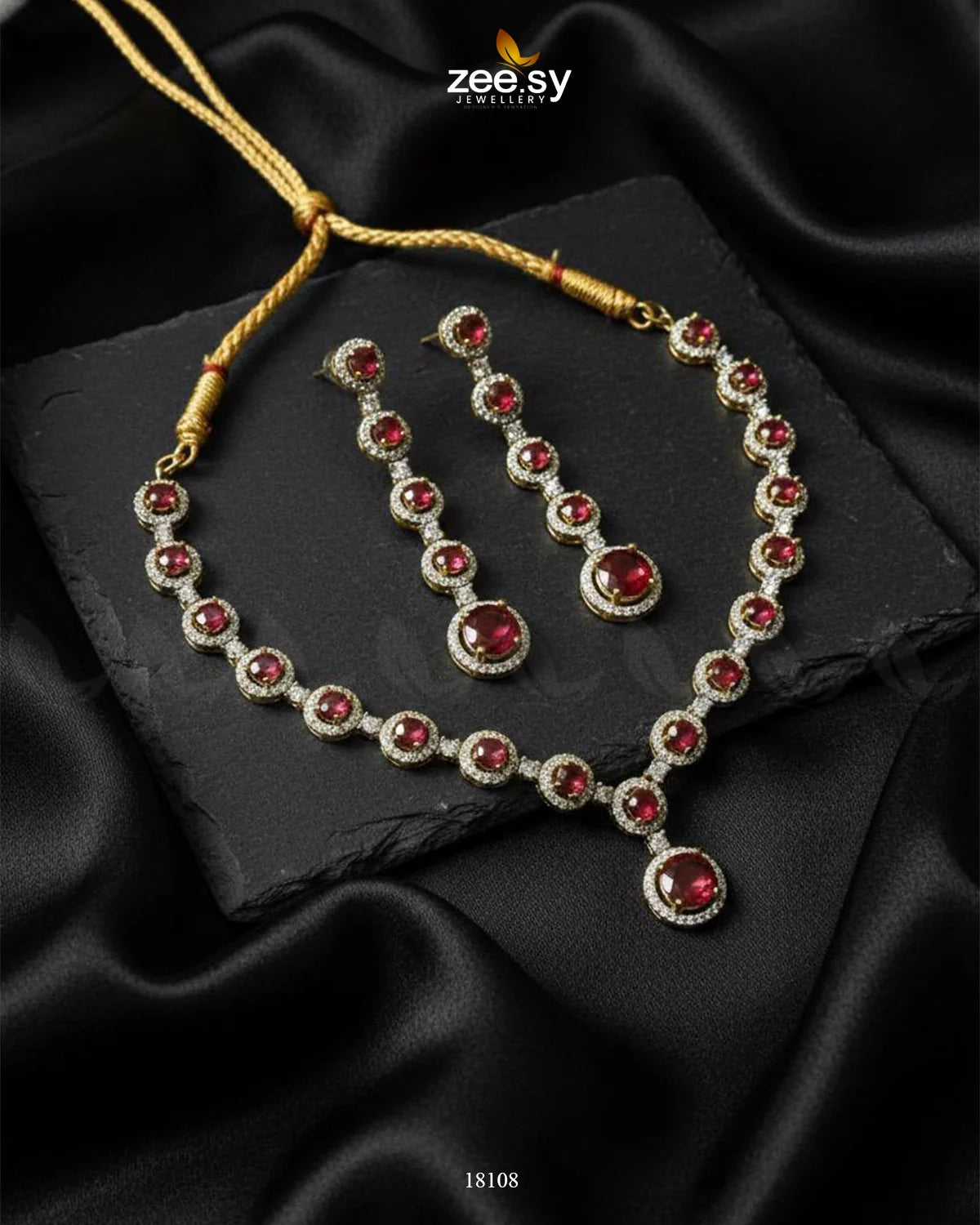 Freesia Necklace Set Golden Ruby - Zeesy Jewellery