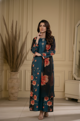 Brandlo PK Teal & Black Floral Printed Silk/Satin Three-Piece Ensemble YL-164