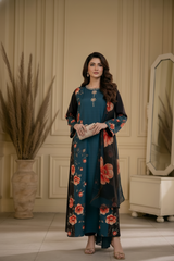 Brandlo PK Teal & Black Floral Printed Silk/Satin Three-Piece Ensemble YL-164