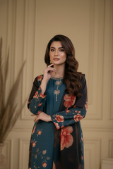 Brandlo PK Teal & Black Floral Printed Silk/Satin Three-Piece Ensemble YL-164